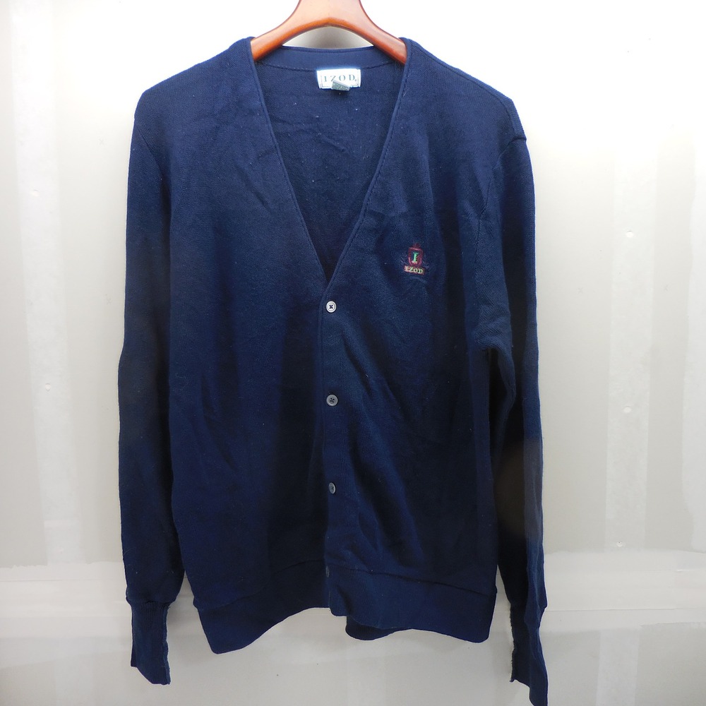 Vintage Izod Cardigan Sweater Mens XL Navy Blue Acrylic Knit V-Neck Button Front